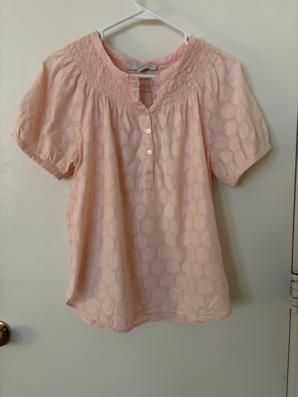 LOFT Blush Pink Short Sleeve Textured Peasant Blouse- Size M